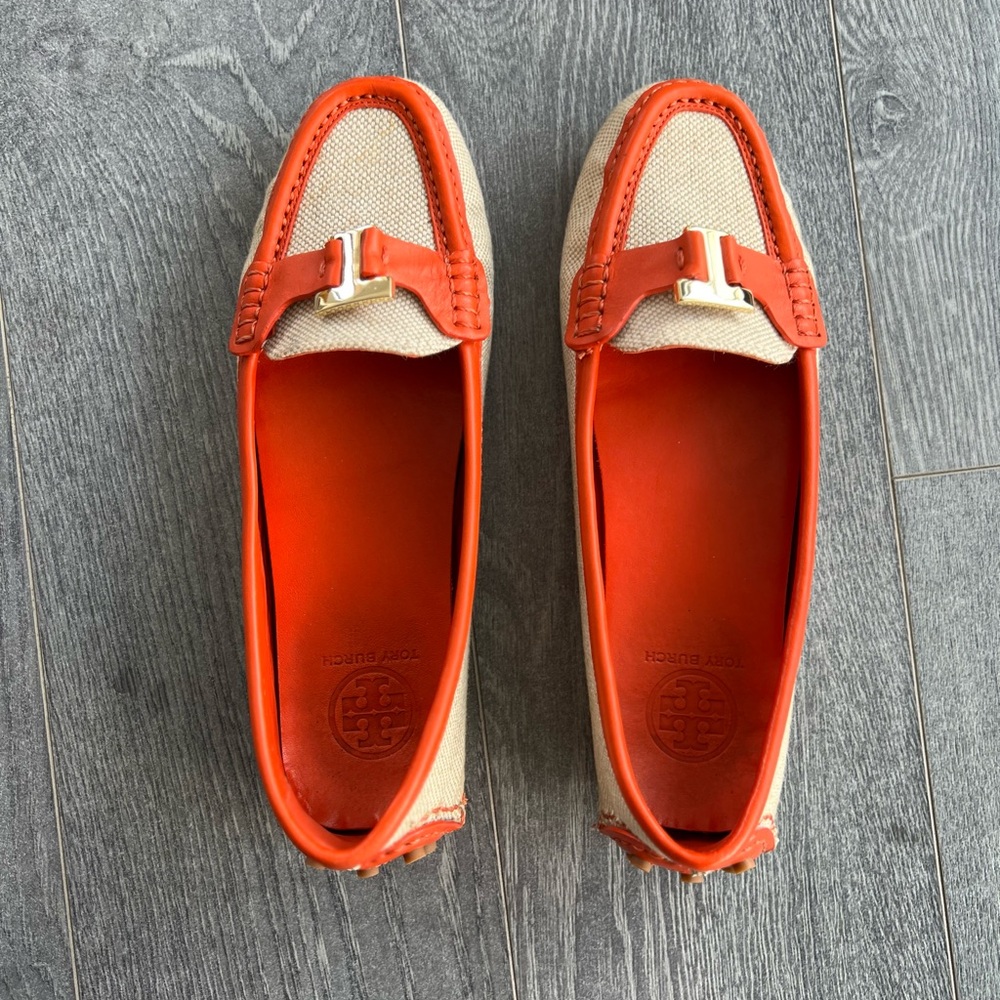 Tory Burch Beige/Orange Canvas and
Leather Casey Loafers size 8.5